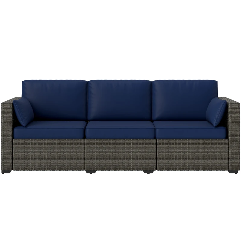 Outsunny 3-Seater Outdoor Sofa with Cushions, PE Rattan Conversation Patio Couch with Pillows for Garden, Poolside, Blue/Brown