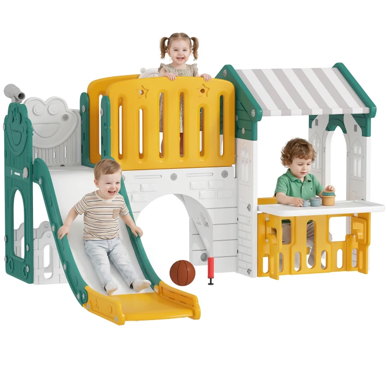 Qaba 7-in-1 Toddler Slide, Kids Slide Climber Playset with Playhouse and Basketball Hoop for 1-4 Years, Yellow