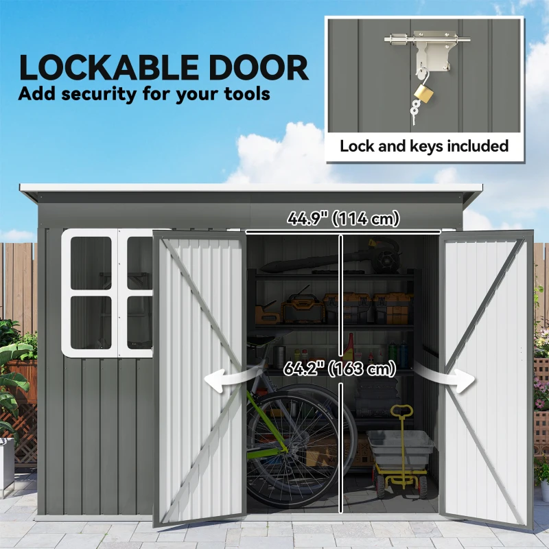 Outsunny 8.5' x 6' Galvanised Steel Outdoor Storage Shed, Garden Shed with Window, Lockable Wide Doors and Air Vents, Grey