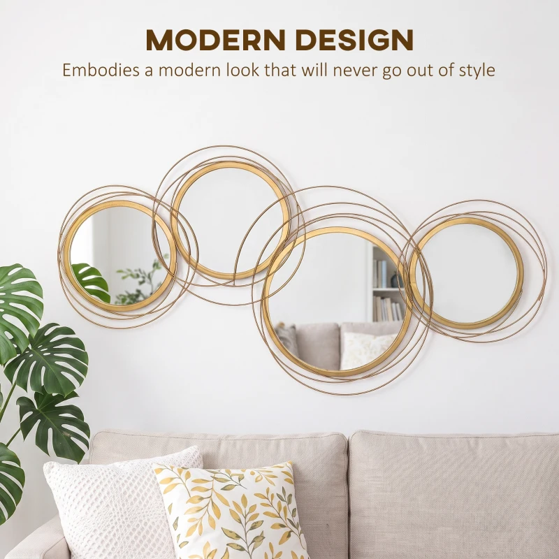 HOMCOM Metal Wall Art Gold Frame Circle Bathroom Mirror Decor Home Hanging Wall Sculptures, 42.25"L x 22"W x 1.5"H, Gold