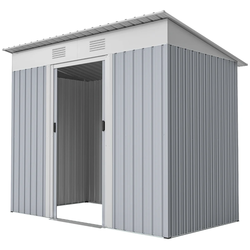 Outsunny 7' x 3.6' Outdoor Storage Shed, Metal Garden Shed with Lockable Sliding Doors and Vents, Grey