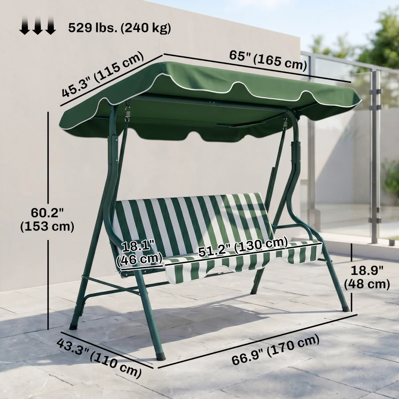 Outsunny Outdoor Porch Swing with Adjustable Canopy, 3-Seater Patio Swing Chair with Cushion, Green