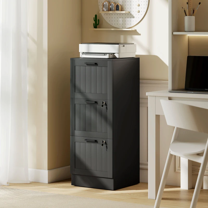 HOMCOM 3 Drawer Filing Cabinet with Lock, Office Storage Cabinet with Adjustable Hanging Bars for A4 Letter Size Files, Black