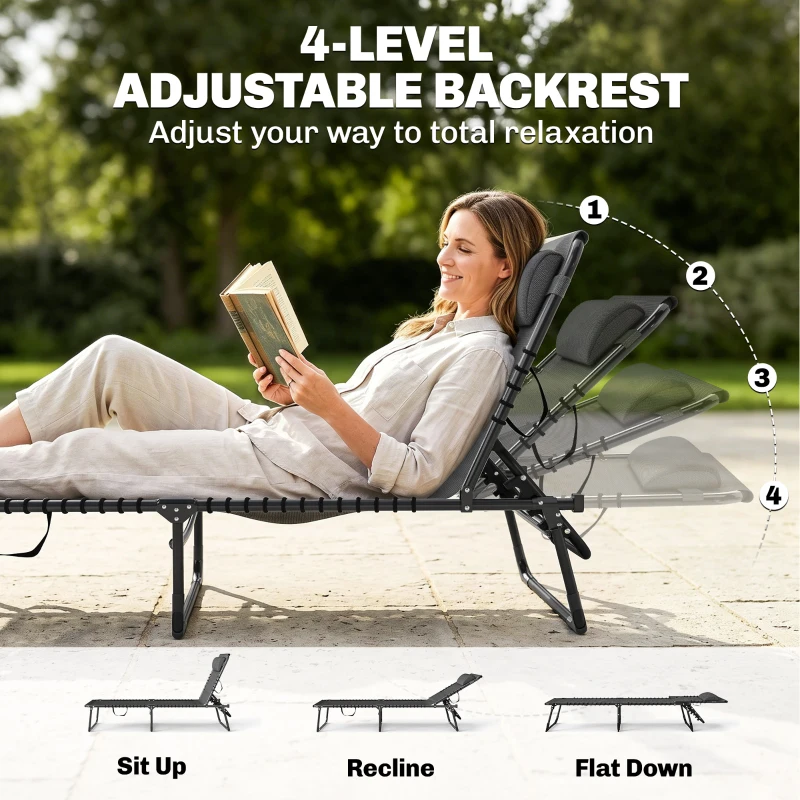 Outsunny 2 Folding Chaise Lounge Pool Chairs with 4-Position Reclining Back, Pillow, Breathable Mesh & Bungee Seat, Gray