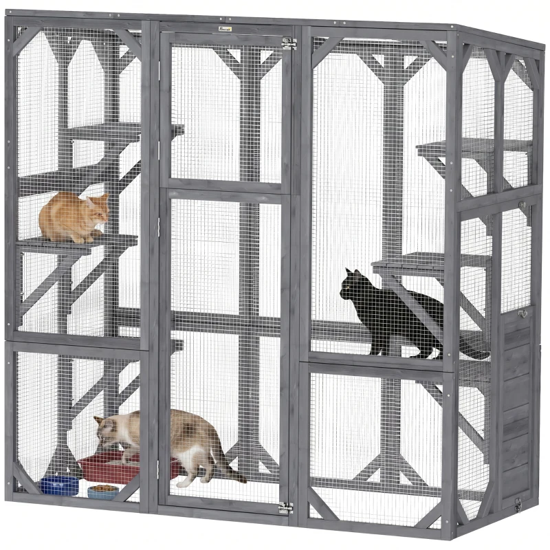PawHut Outdoor Cat Enclosure with 6 Jumping Platforms, Weatherproof Roof, Large Front Door for 1-3 Cats, 59" x 28" x 60", Grey