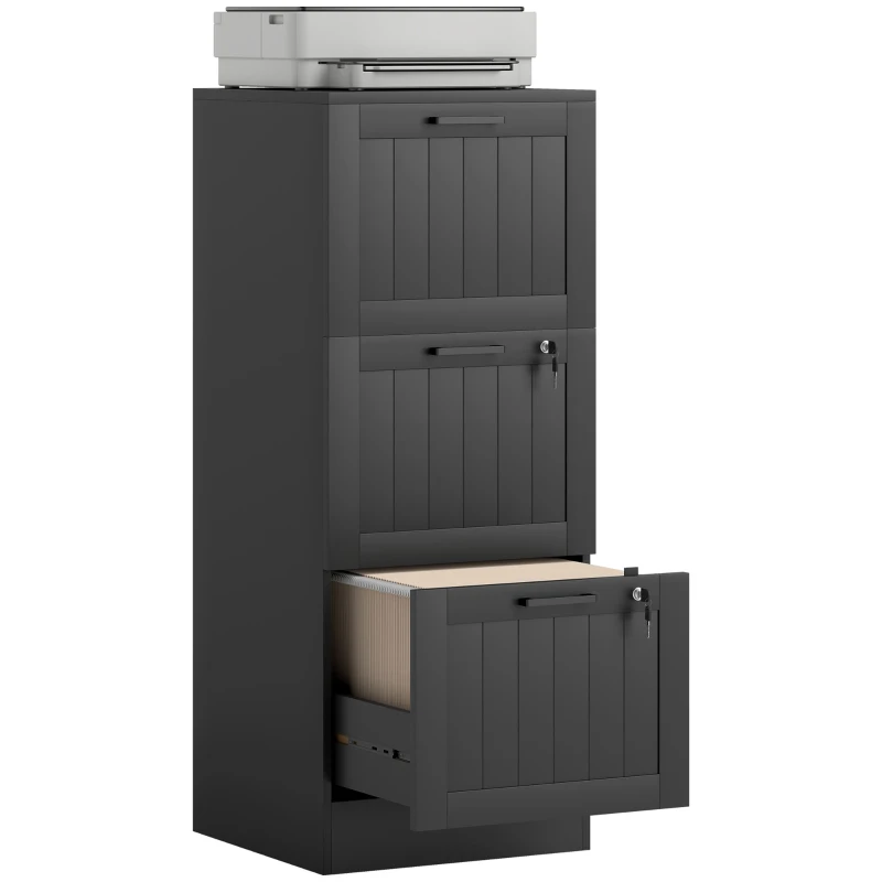 HOMCOM 3 Drawer Filing Cabinet with Lock, Office Storage Cabinet with Adjustable Hanging Bars for A4 Letter Size Files, Black
