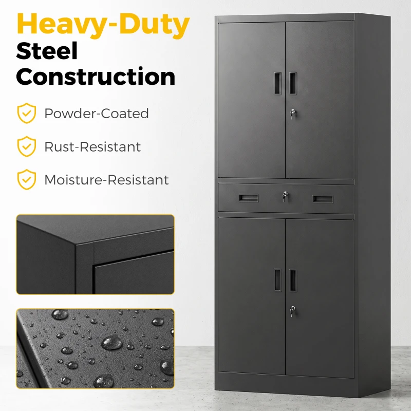 HOMCOM Metal Storage Cabinet with Locking Doors and Drawer,  71" Tall Lockable Garage Storage Cabinet with Adjustable Shelves
