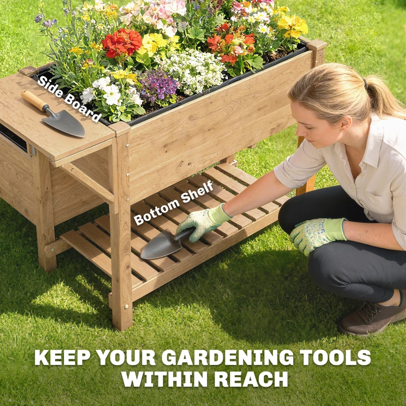 Outsunny Wooden Raised Garden Bed, 2-Tier Raised Planter with Storage Shelf, Side Board, Drainage Holes and Liner
