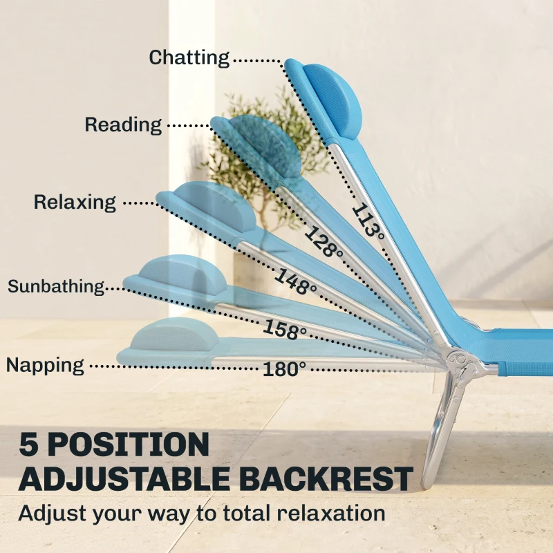 Outsunny Set of 2 Folding Chaise Lounge Chairs, Outdoor Poolside Sun Tanning Chairs w/ Pillow, Reclining Backrest, Blue