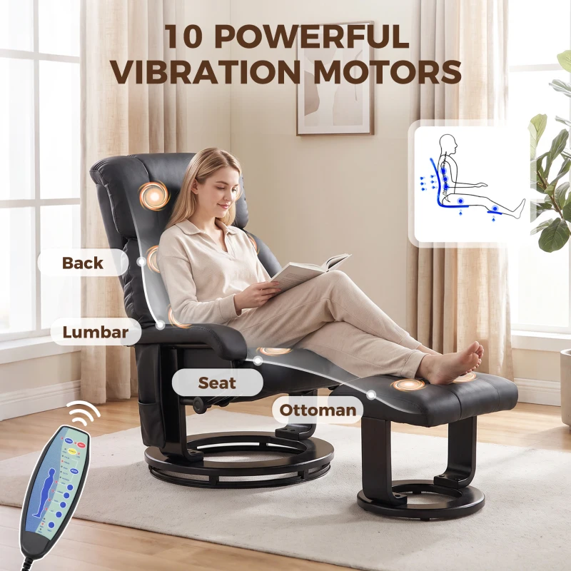 HOMCOM Massage Recliner Chair with Ottoman, 360° Swivel Recliner and Footstool, 10-Point Vibration, Black