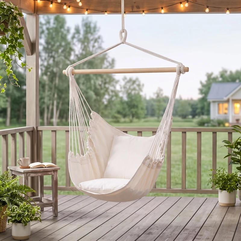 Outsunny Hammock Chair Swing Hanging Macrame Chair Cotton w/ Two Soft Seat Cushions, for Bedroom Indoor Outdoor Ideal Gift for Kids Lover Birthday Present White