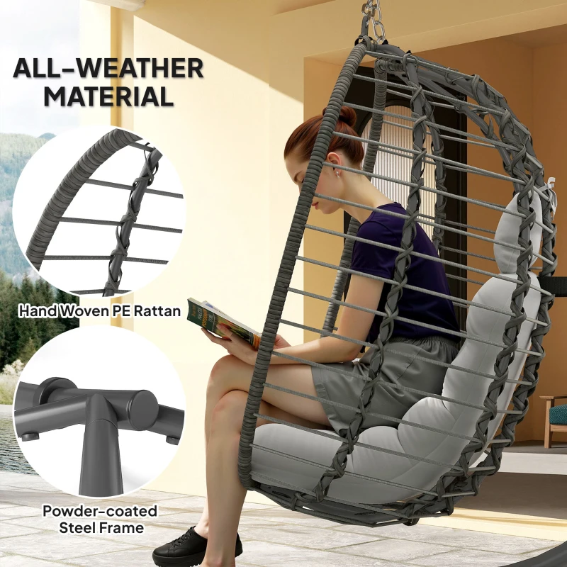 Outsunny Hanging Egg Chair with Stand, Foldable Wicker Rattan Swing Chair with Thick Cushion, Headrest, Light Grey