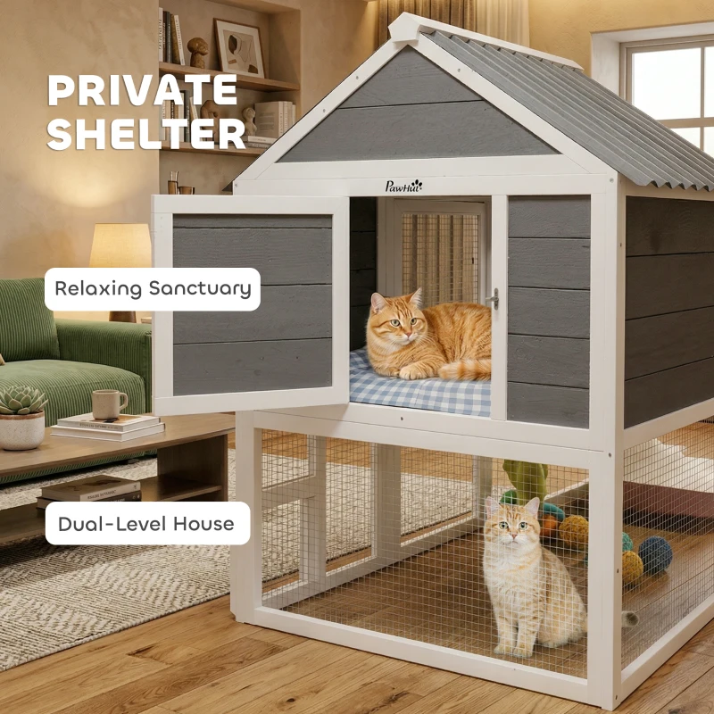 PawHut Catio Outdoor Cat Enclosure, 63" L Large Cat House with 4-Way Adjustable Door, Private House, Hammock, 2 Platforms
