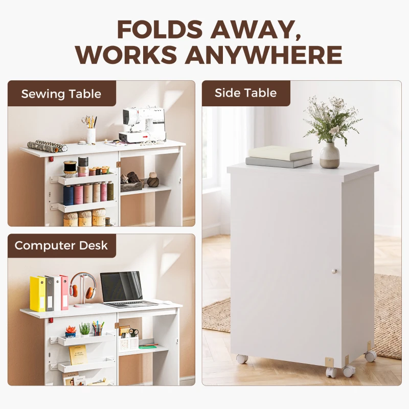 HOMCOM Sewing Machine Cabinet, Folding Sewing Table with Storage Shelf, Bins and Lockable Wheels for Small Space, White
