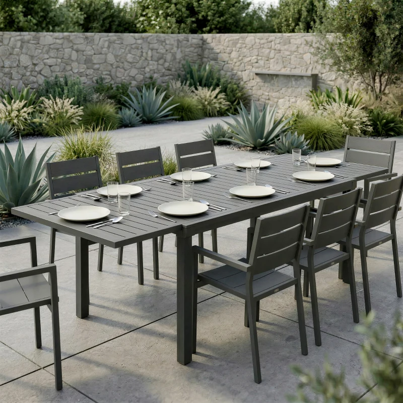 Outsunny Expandable Outdoor Dining Table for 6-8 People, 59"-89" Aluminum Patio Dining Table with Slatted Top, Dark Grey