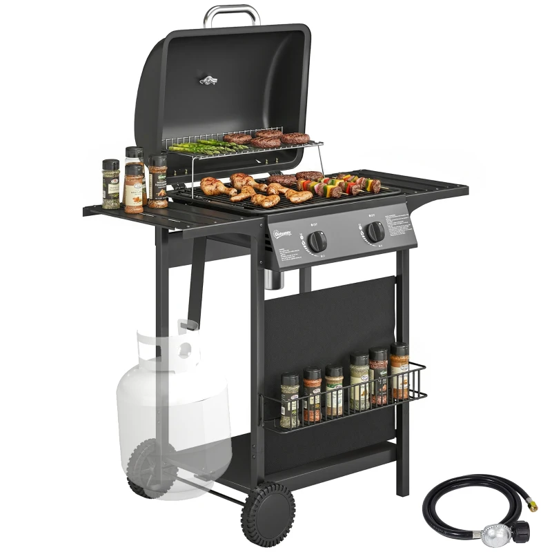 Outsunny 2 Burner Propane Gas Grill, 18000 BTU BBQ Grill with Wheels, Warming Rack, Shelf, Thermometer, Grease Cup, Black