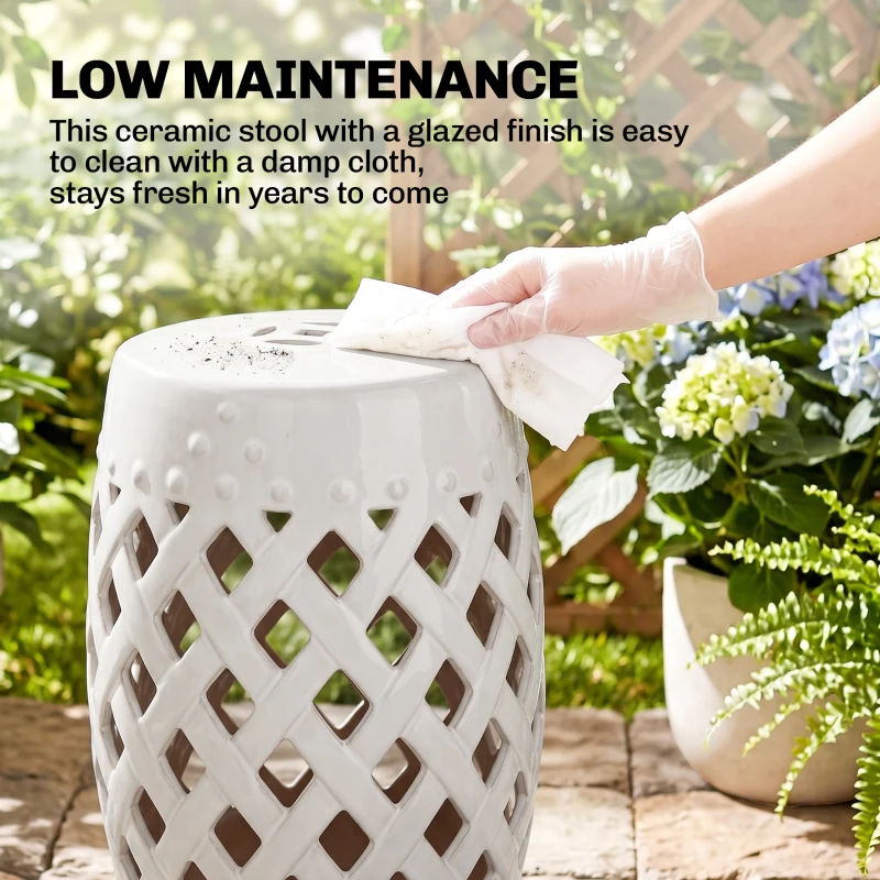 Outsunny 12.4" x 17.9" Ceramic Garden Stool with Woven Lattice Design, Indoor & Outdoor Decorative Accent Stool, White