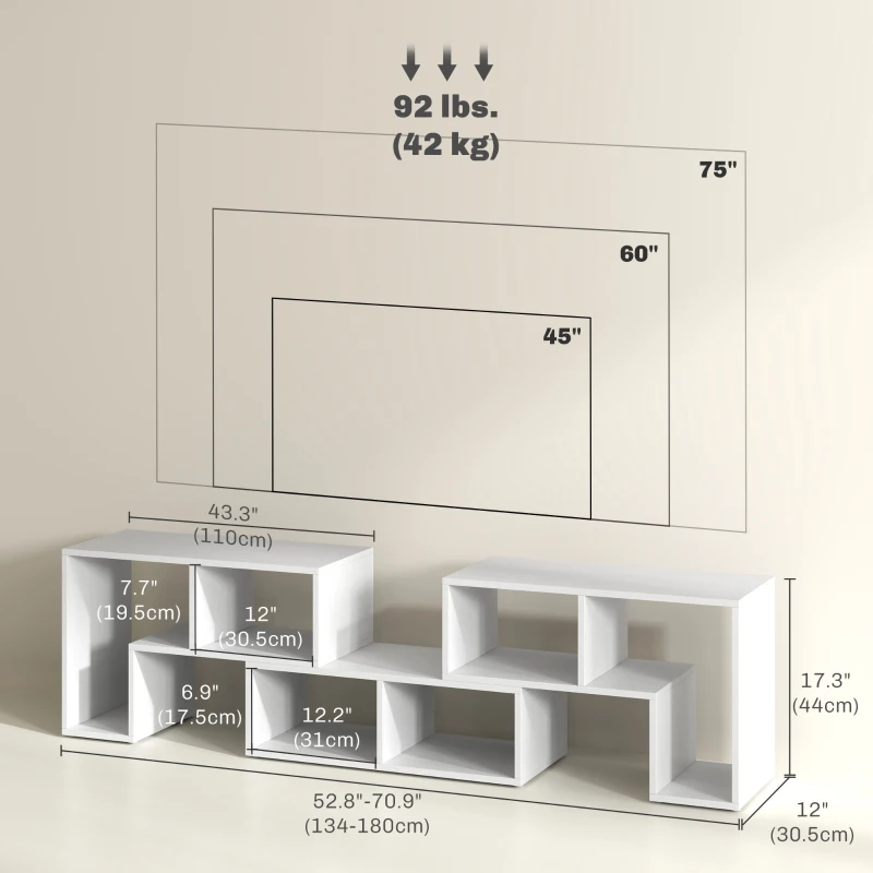 HOMCOM TV Stand for TVs up to 75", 3-Piece Modular TV Console with Open Storage Shelves, White