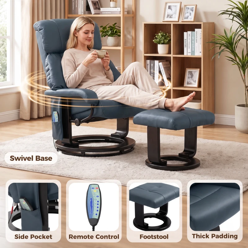 HOMCOM Massage Recliner Chair with Ottoman, 360° Swivel Recliner and Footstool, 10-Point Vibration, Blue