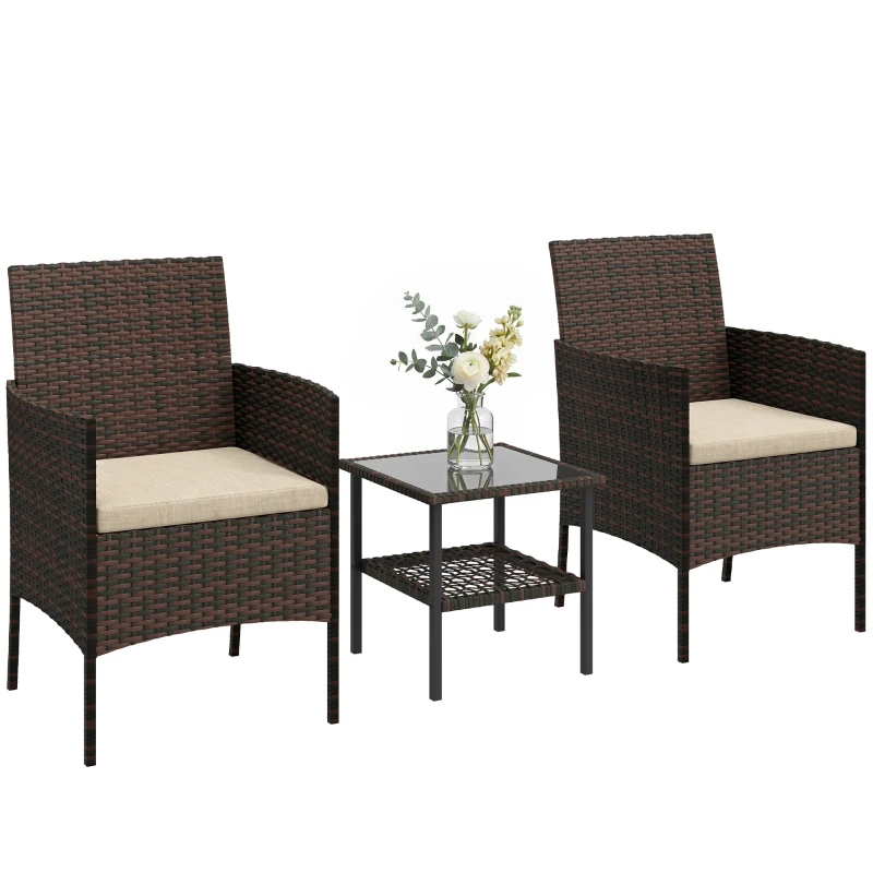 Outsunny Wicker Bistro Set, 3 Piece Patio Furniture Set with 2-Tier Glass Top Table, Cushions for Balcony, Porch, Khaki
