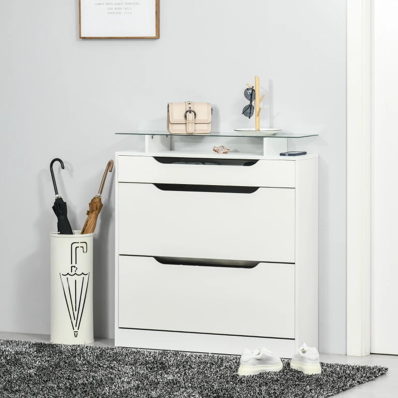 HOMCOM High Gloss Shoe Cabinet with 2 Flip Drawers and Adjustable Shelves, Narrow Shoe Storage Cabinet with Glass Top, White