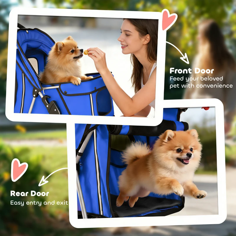 PawHut Pet Stroller with Reflective Strips, Foldable Cat Stroller with 360° Swivel Wheels for Small Dogs and Cats, Blue