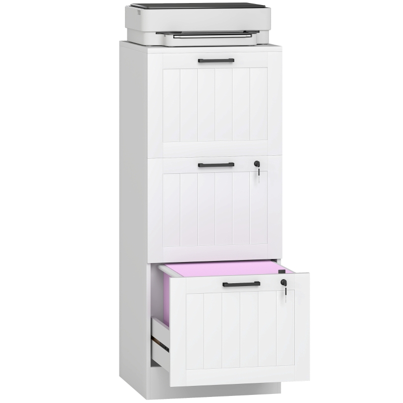 HOMCOM 3 Drawer Filing Cabinet with Lock, Office Storage Cabinet with Adjustable Hanging Bars for A4 Letter Size Files, White