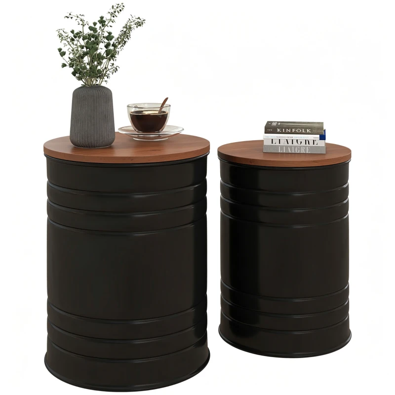 HOMCOM Round Side Table Set of 2, Nesting Coffee Tables w/ Wooden Lid, Metal Frame and Hidden Storage Space for Bedroom, Black
