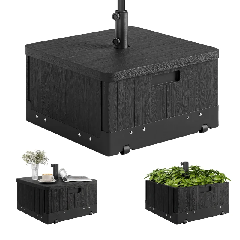 Outsunny 3-in-1 Outdoor Umbrella Base with Wheels, Side Table, Planter Box, 175lbs Heavy Duty Patio Umbrella Stand, Black