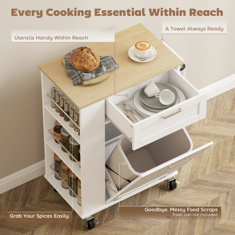 HOMCOM Rolling Kitchen Island with Trash Can Storage, Kitchen Island on Wheels with Spice & Rack, Drawer for Kitchen, White