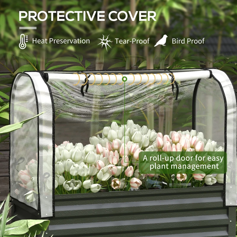 Outsunny Raised Garden Bed with Cover, Metal Elevated Planter Box with Bottom Shelf and Liner, Black