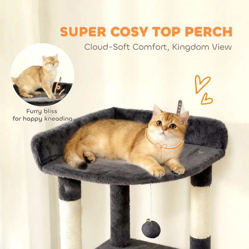 PawHut 67" Large Cat Tree with 7 Scratching Posts, Tunnel, 2 Condos, Hammock, Perch, Ramp, Pompoms, Dark Grey