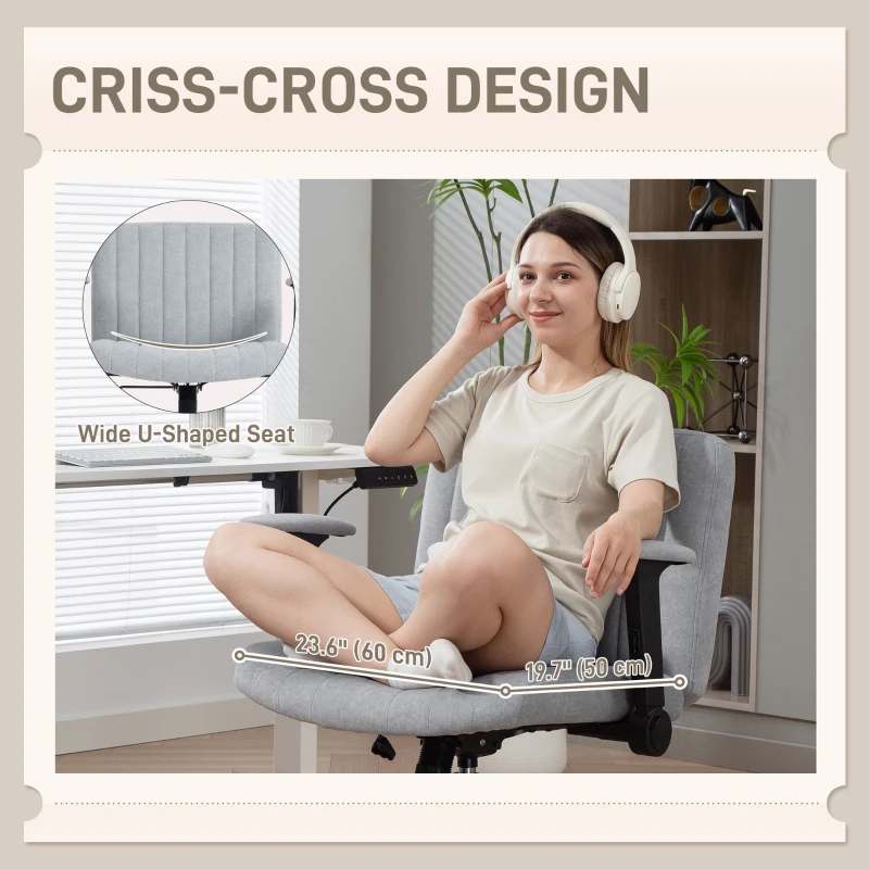 HOMCOM Criss Cross Chair with Flip-up Armrests, Wheels, Wide Office Chair with Adjustable Height, Tilting, Grey