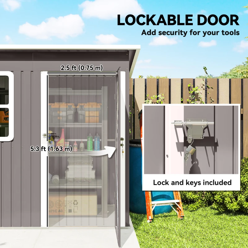 Outsunny 7' x 4' Galvanised Steel Outdoor Storage Shed, Garden Shed with Window, Lockable Wide Door and Air Vents, Warm Grey