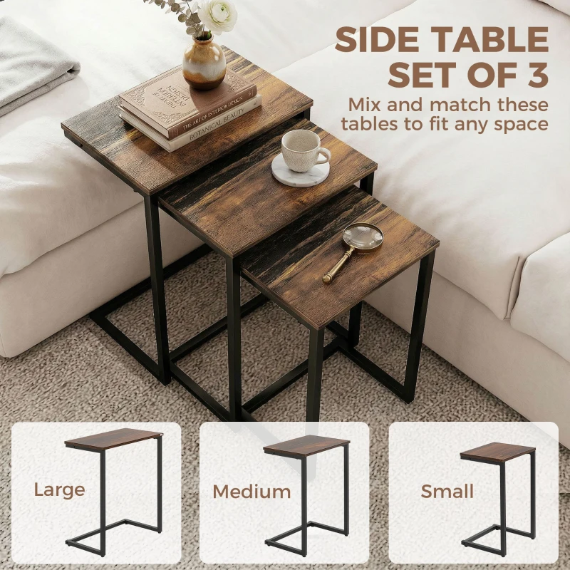 HOMCOM Nesting Coffee Table Set of 3, Stackable Rectangular End Tables with Wood-Effect Top, Metal Frame, Industrial & Rustic C-Shaped for Small Space, Living Room, Rustic Brown