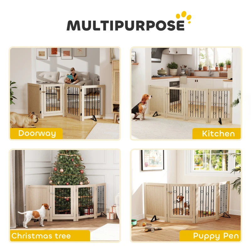 PawHut reestanding Dog Gate, Wooden Foldable Pet Gate with 4 Panels, Walk-Through Door, Support Feet, Non-Slip Mats