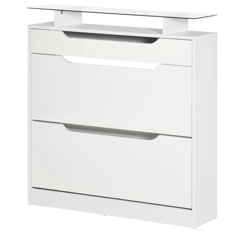HOMCOM High Gloss Shoe Cabinet with 2 Flip Drawers and Adjustable Shelves, Narrow Shoe Storage Cabinet with Glass Top, White