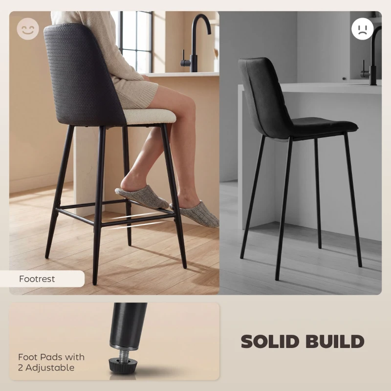 HOMCOM Bar Stools Set of 2, 26" Counter Height Bar Stools with PU Backrest, Linen-look Fabric Seat, Black