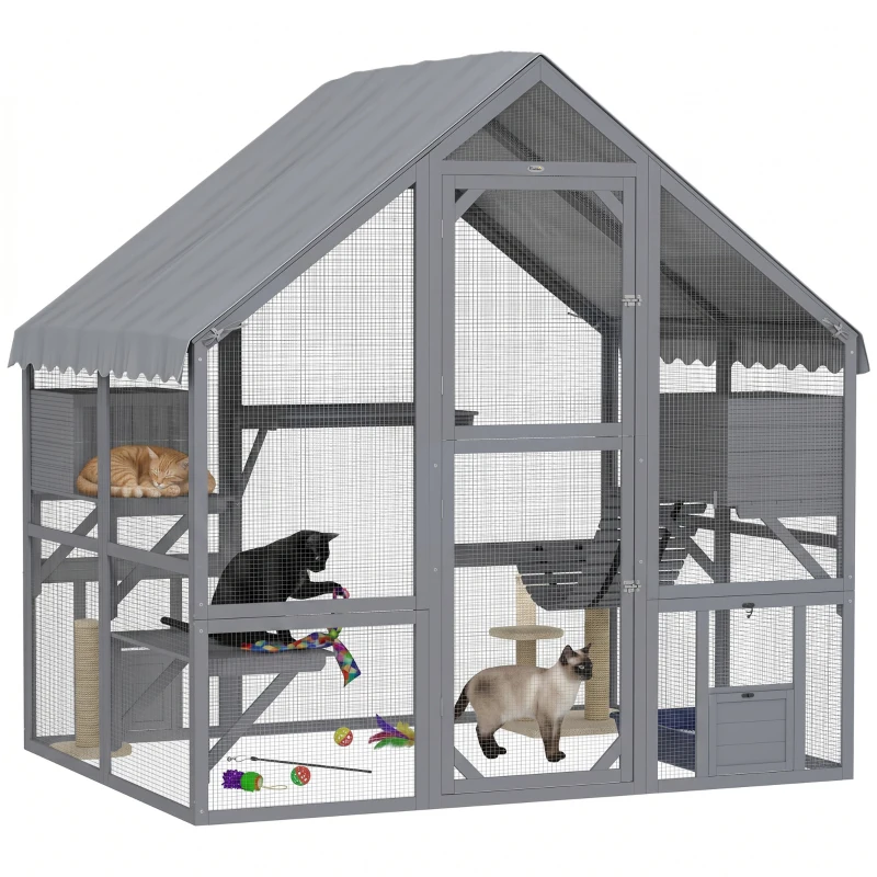 PawHut Large Catio Outdoor with Waterproof Cover, 2 Resting Boxes, 4 Platforms, Bridge, for 2-4 Kittens, Grey