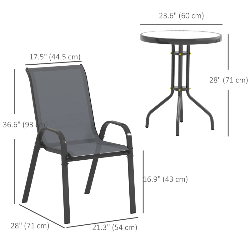 Outsunny 3 Pieces Bistro Set, Small Patio Furniture Set with Stackable Mesh Chairs, Glass Table for Garden, Balcony, Dark Grey