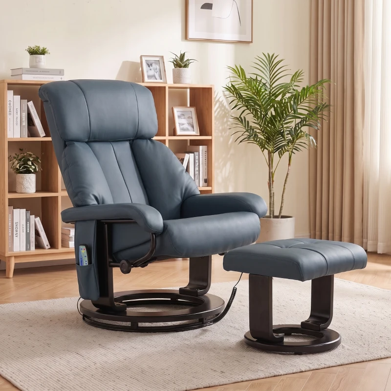 HOMCOM Massage Recliner Chair with Ottoman, 360° Swivel Recliner and Footstool, 10-Point Vibration, Blue