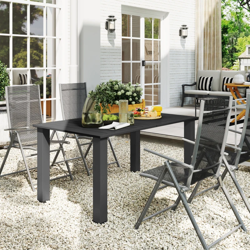 Outsunny 59" Outdoor Patio Table with Umbrella Hole, Outdoor Dining Table with Slatted Tabletop for Backyard Garden, Black