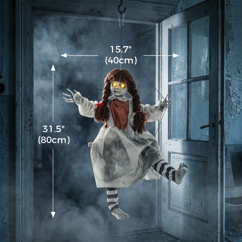 HOMCOM Halloween Animated Hanging Creepy Girl on Swing Decoration, Light-Up Eyes, Sound and Touch Activated