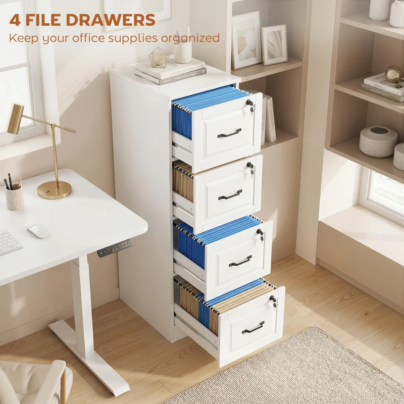 HOMCOM 4 Drawer File Cabinet with Lock, Vertical Filing Cabinet with Adjustable Hanging Bars for A4 and Letter Size, White