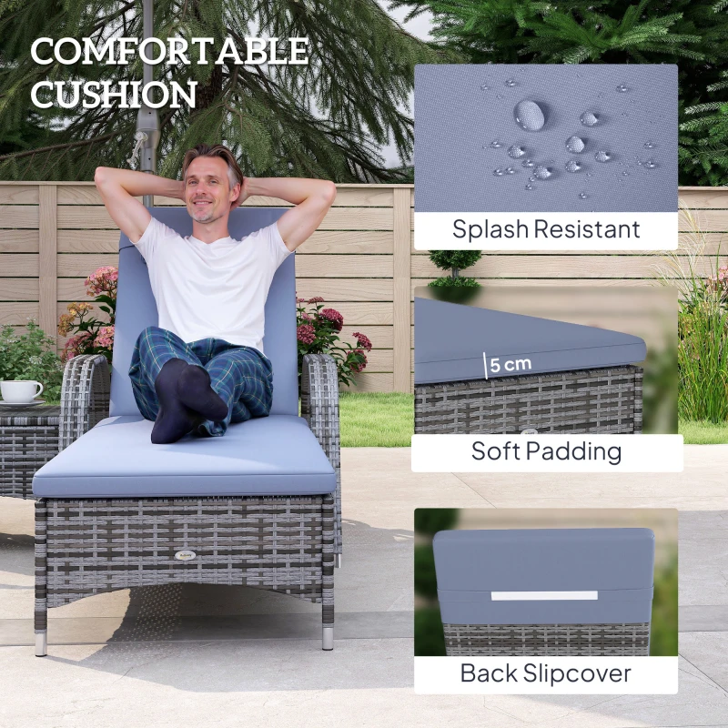 Outsunny 3 Pieces Wicker Patio Lounger Set with Table, PE Rattan Outdoor Lounge Chair Set with Cushions, Wheels, 5-Level Reclining Backrest, Headrest, Grey