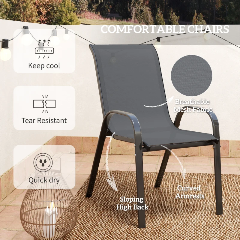 Outsunny 3 Pieces Bistro Set, Small Patio Furniture Set with Stackable Mesh Chairs, Glass Table for Garden, Balcony, Dark Grey