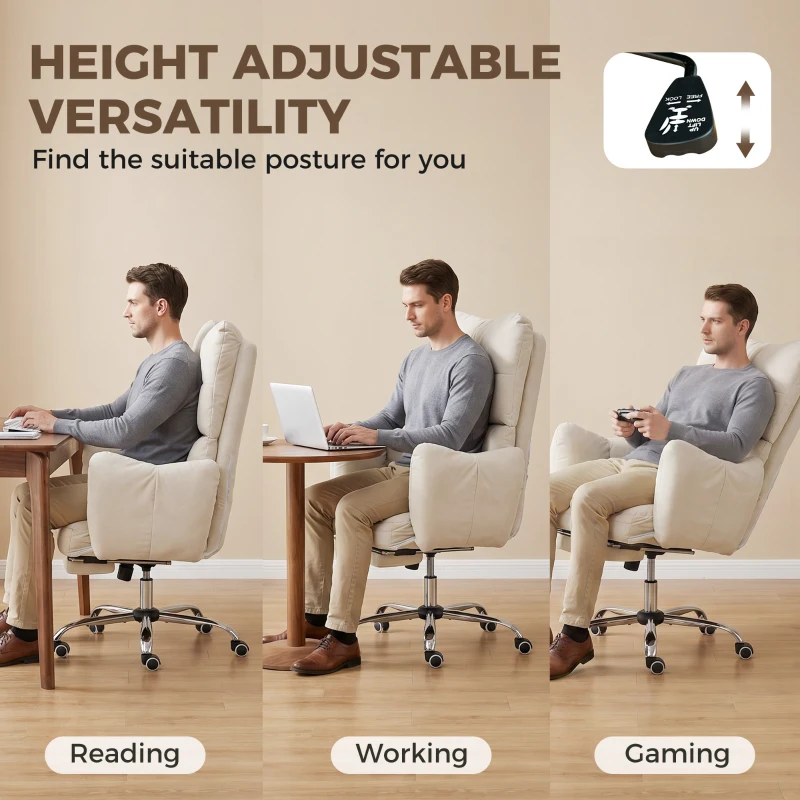 HOMCOM Office Chair with Foot Rest, Ergonomic Reclining Computer Gaming Chair with Snow Flannel Fabric, Thick Cushion, Cream