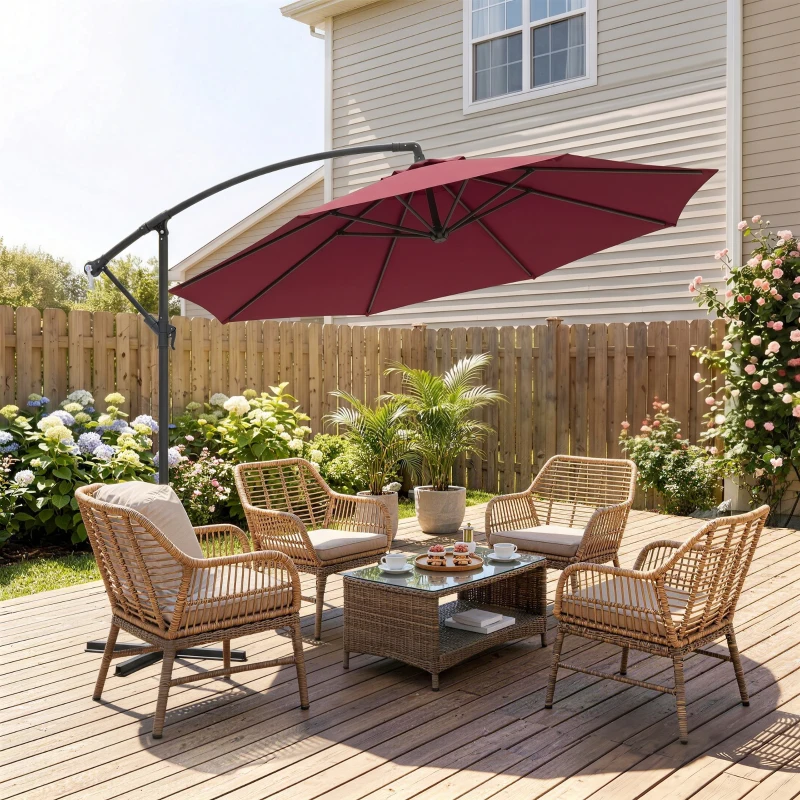 Outsunny 10' Deluxe Patio Umbrella, Outdoor Market Parasol, Banana Hanging Offset Sunshade with Crank, Cross Base, Wine Red