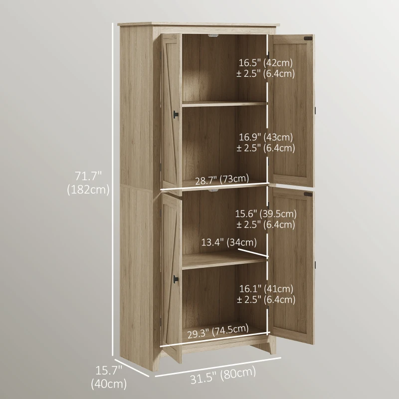 HOMCOM 72" Freestanding Storage Cabinet, Kitchen Pantry Cabinet with Doors and Shelves for Dining Room, Natural