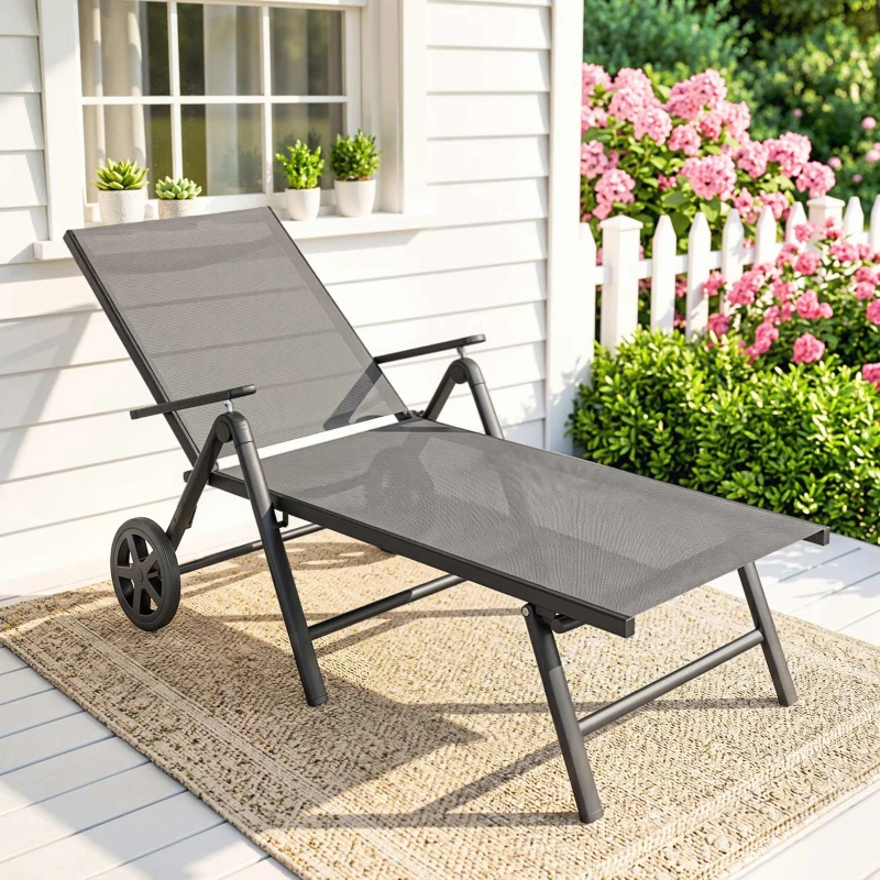 Outsunny Outdoor Lounge Chair, 5-Level Adjustable Folding Chaise Chair with 2 Wheels for Backyard, Beach, Poolside, Grey